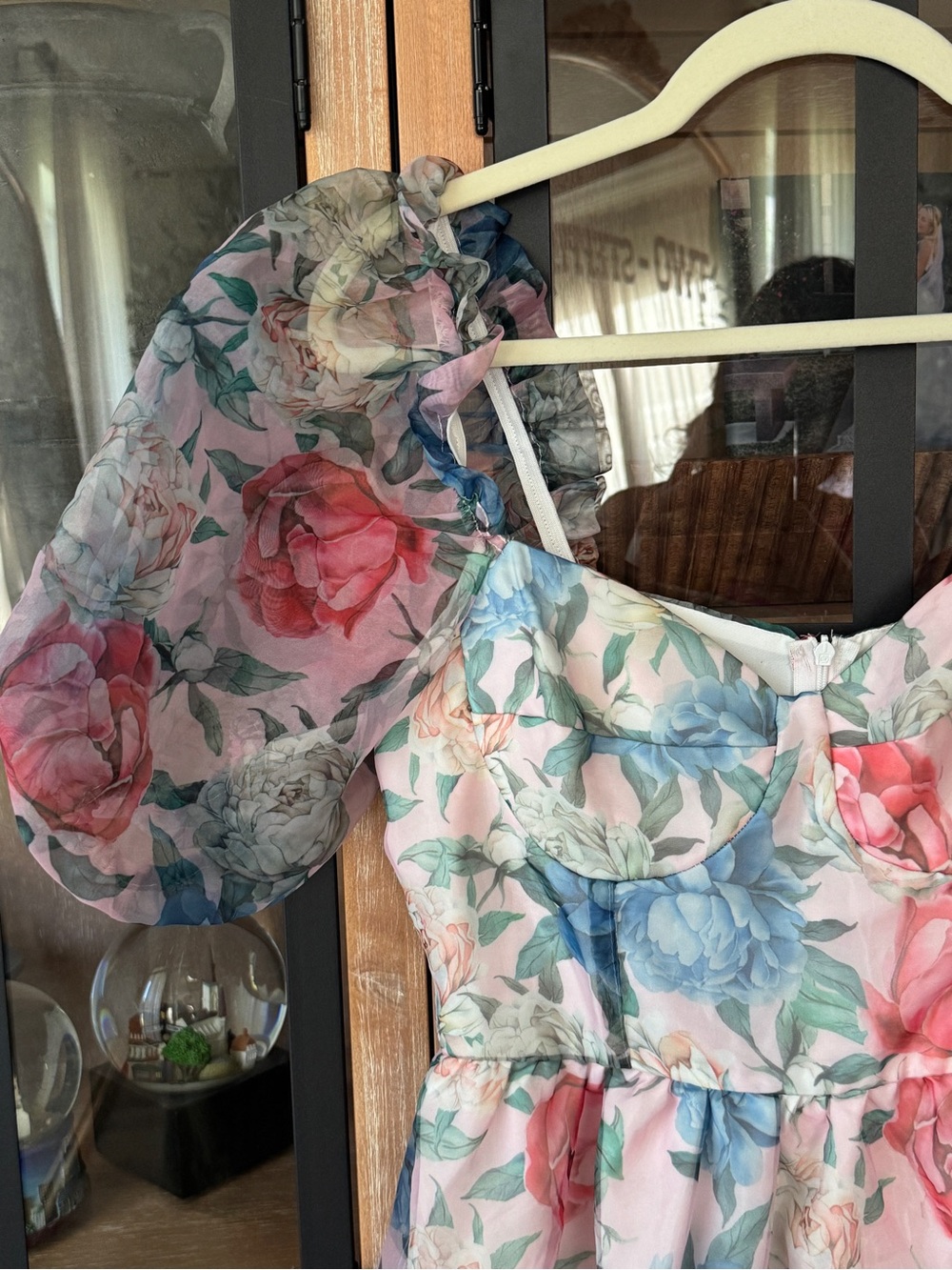 Babydoll mini dress Organza puff short sleeve selkie floral print sweetheart - Picture 7 of 8